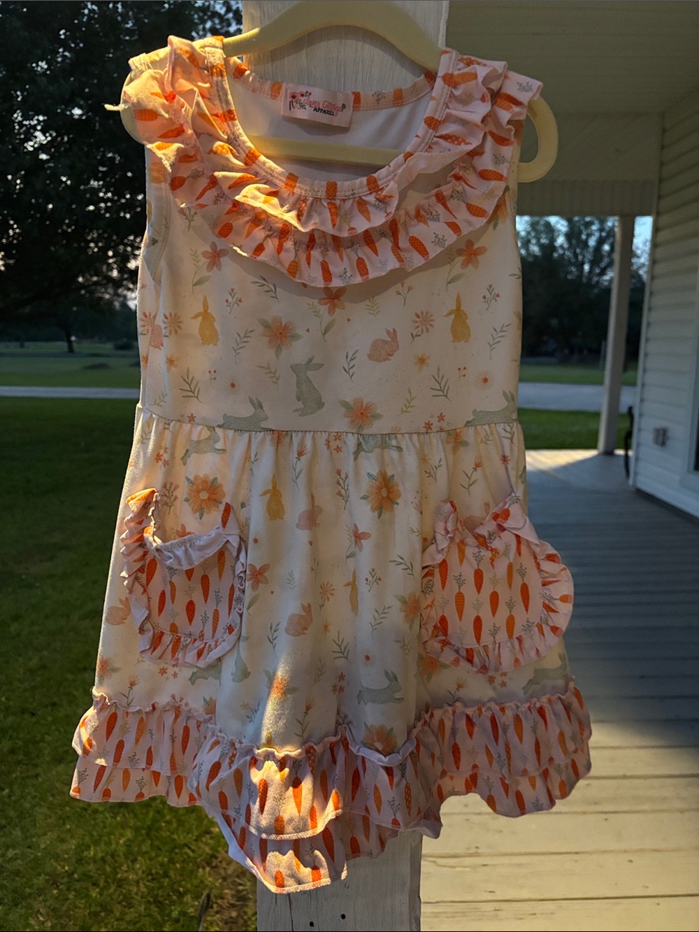 Girls' Ruffle Bunny Print Casual Dress - White & Orange